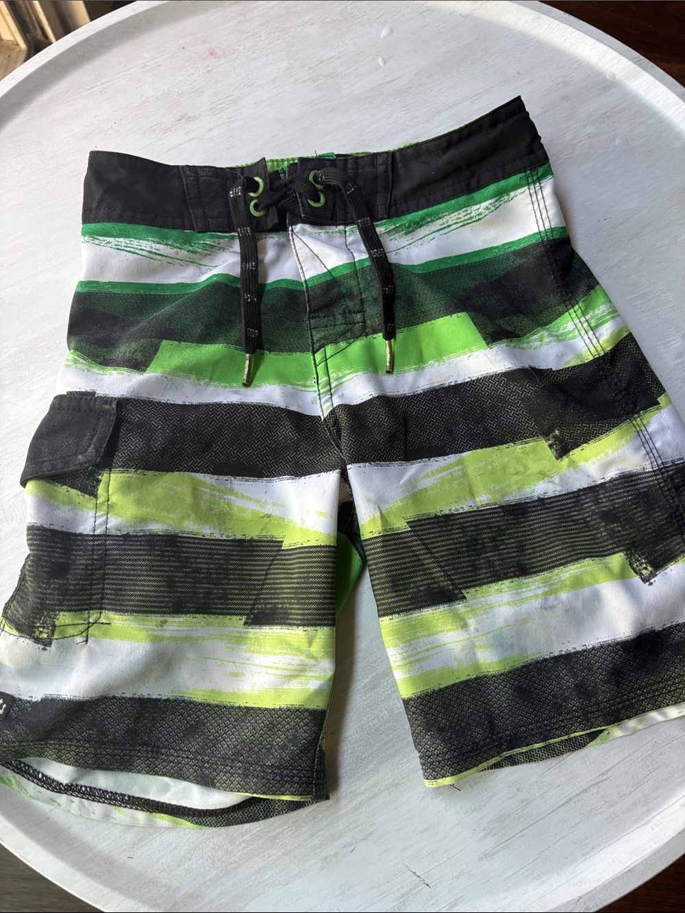 Boy’s Black & Green Striped Swim Trunks